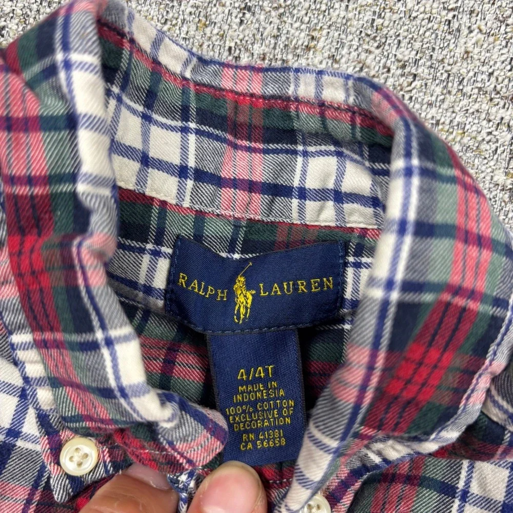 Ralph Lauren Boys Red Plaid Button Down Shirt Long Sleeve Cotton Size 4 4T Pony